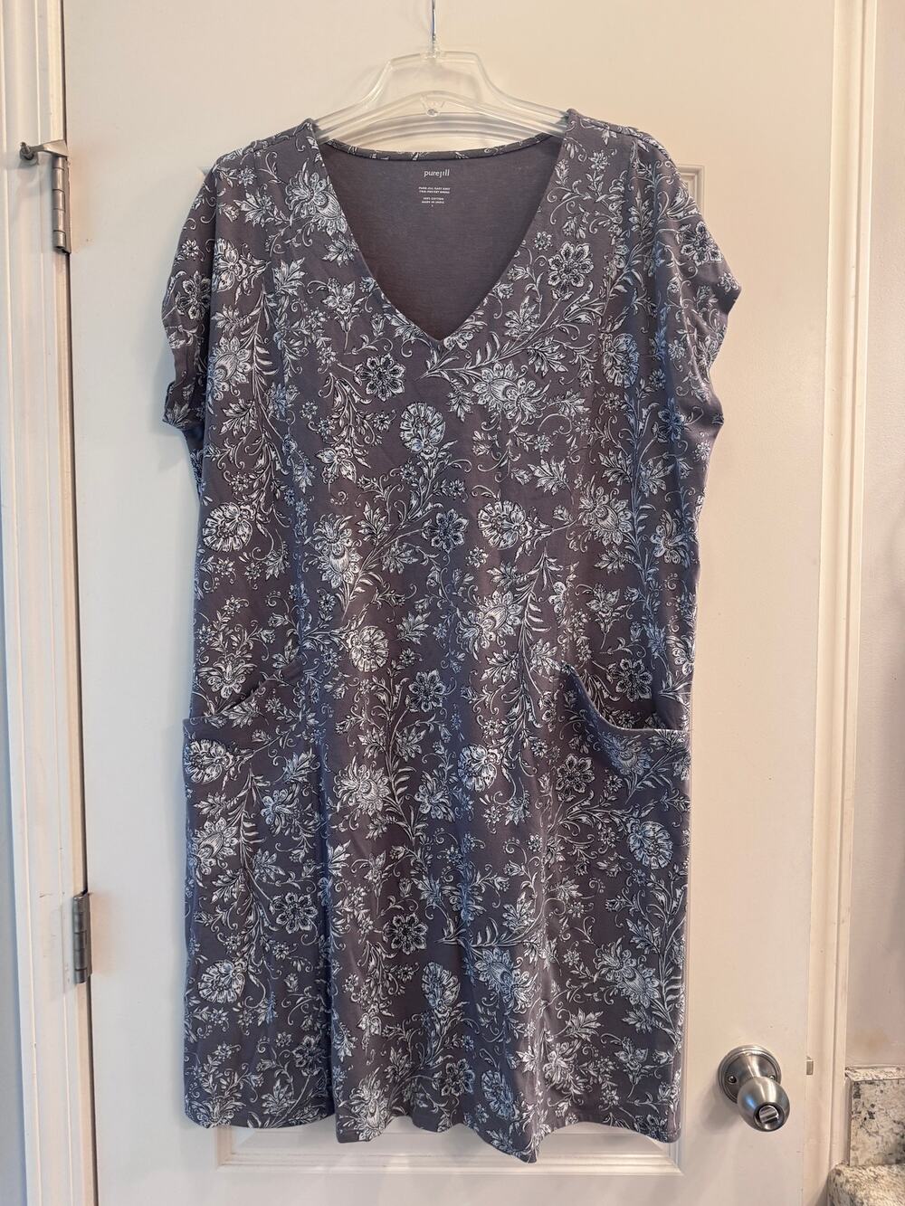 Pure Jill Easy Knit Dress Large Navy White Floral 100% Cotton V Neck Pockets
